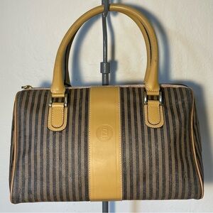 FENDI Vintage Pequin Boston Satchel Brown Coated Canvas Leather Top Handle Italy
